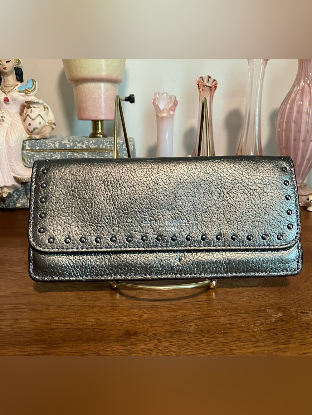 Henri Bendel Metallic Silver Studded Pebbled Leather Wallet